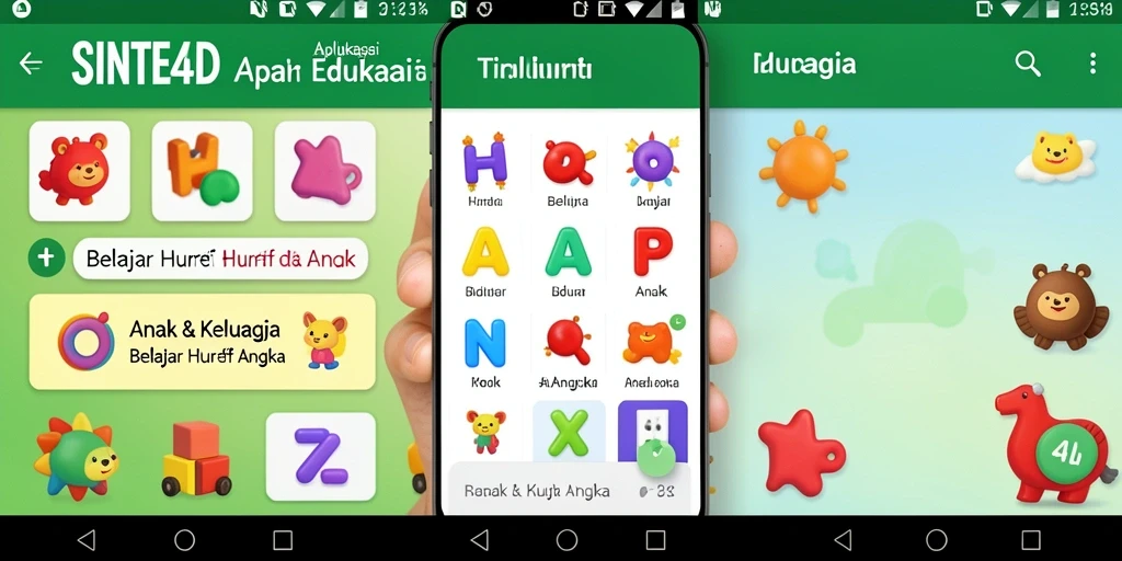 Screenshot utama SINTE4D menampilkan antarmuka belajar huruf dan angka yang menarik.